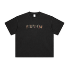 Retro Black t-shirt with a graphic design of skeletons in various poses on a blank background