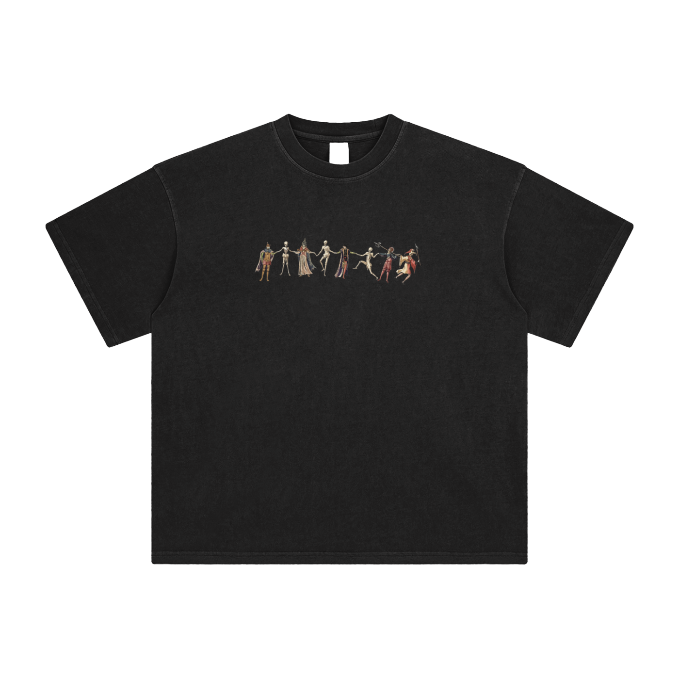 Retro Black t-shirt with a graphic design of skeletons in various poses on a blank background