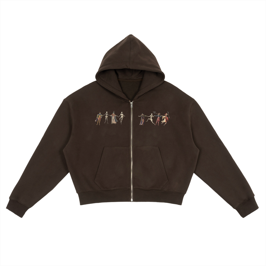 Brown hoodie with graphic design on a white background