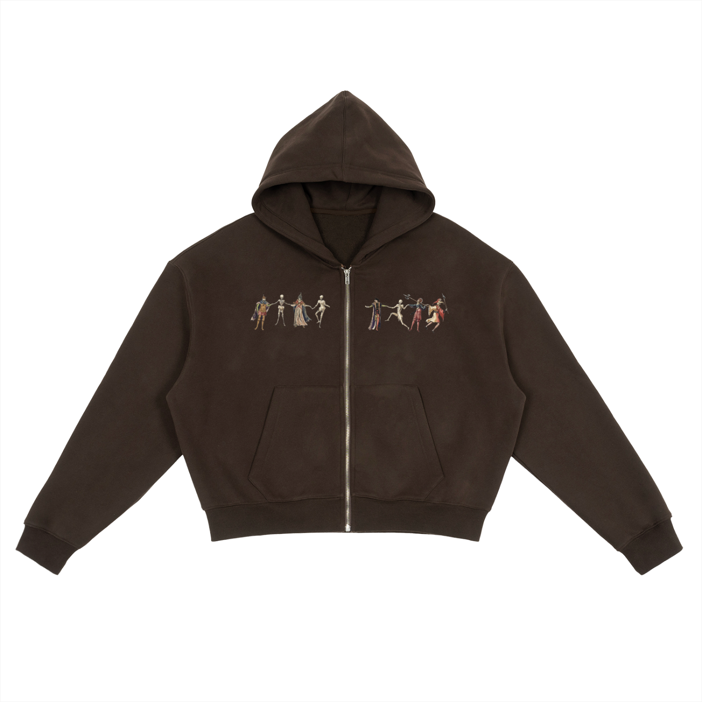 Brown hoodie with graphic design on a white background