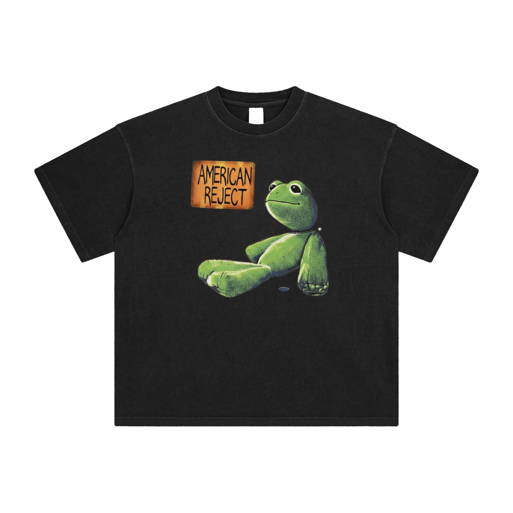 American Reject plush frog graphic t-shirt in retro black - unisex oversized cotton tee with metal plate design