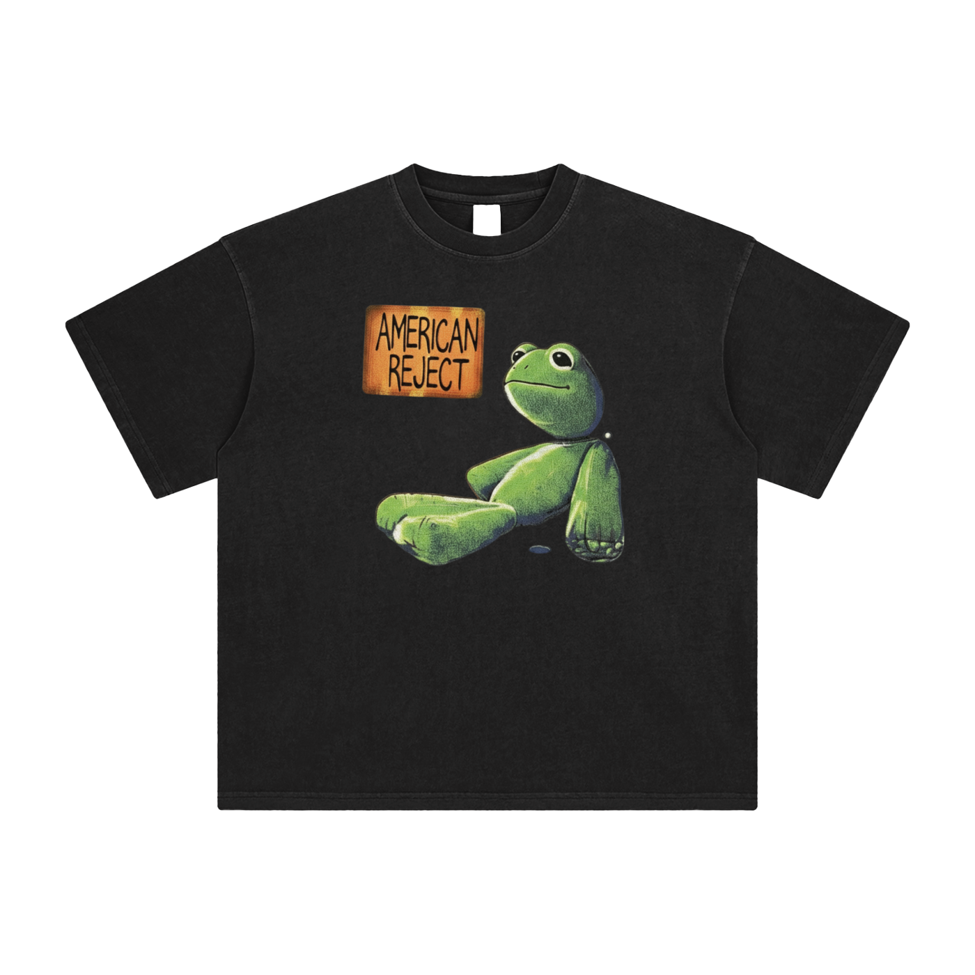 American Reject plush frog graphic t-shirt in retro black - unisex oversized cotton tee with metal plate design