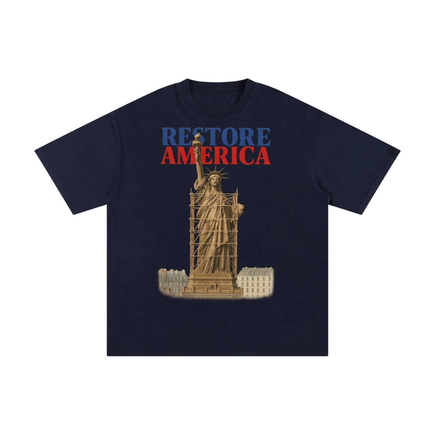 Navy blue t-shirt with a graphic design of the Statue of Liberty and text 'RESTORE AMERICA' on a background.