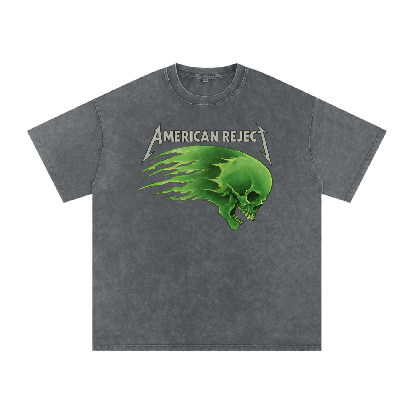 pirate grey vintage t-shirt with green skull design and 'American Reject' text on a blank background