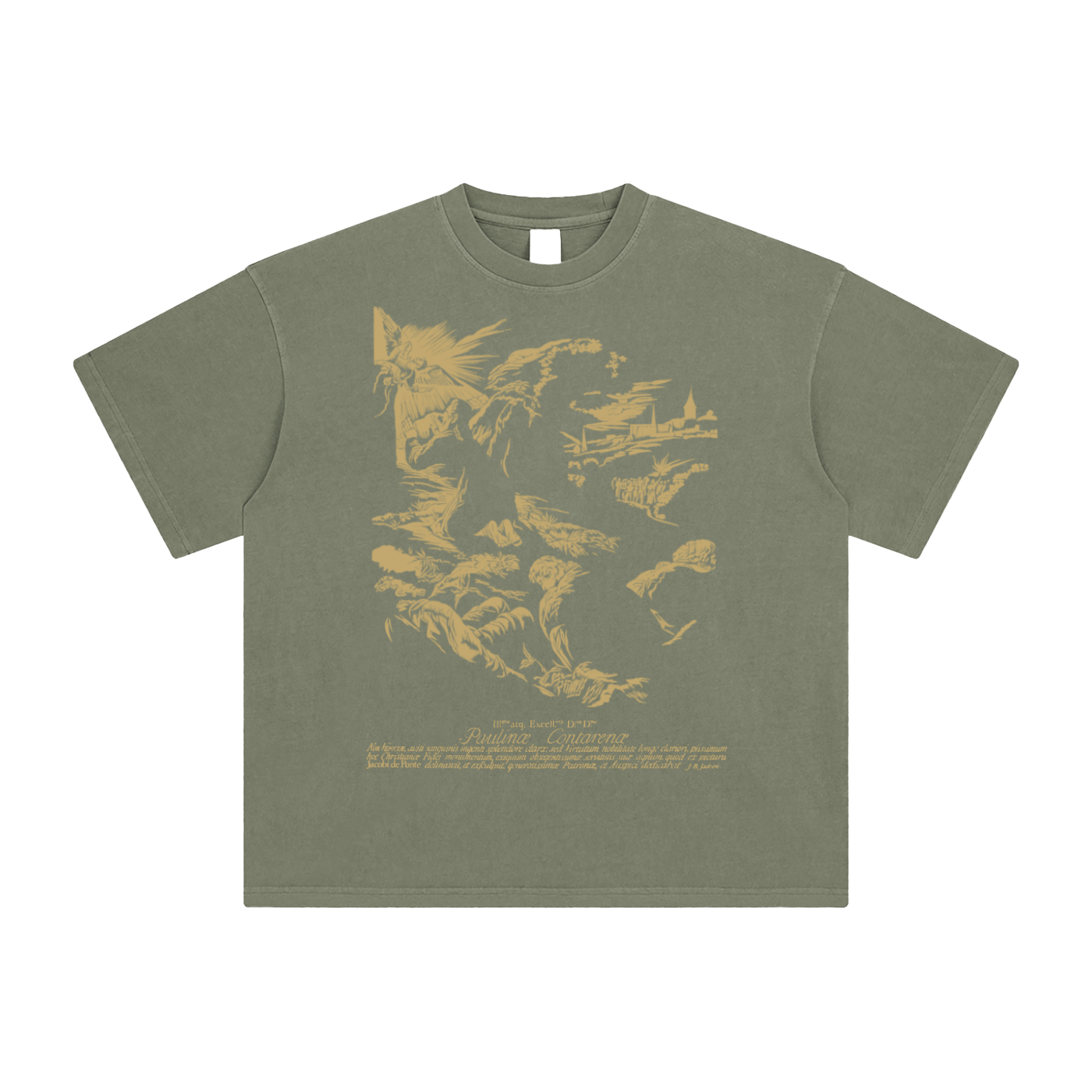 Grey green t-shirt with angel helping men in old village graphic - loose fit unisex cotton tee