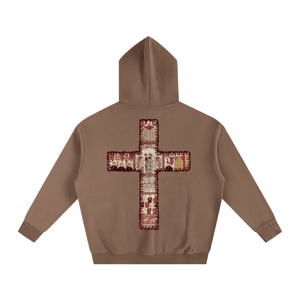 Brown hoodie with a decorative cross on the back against a background