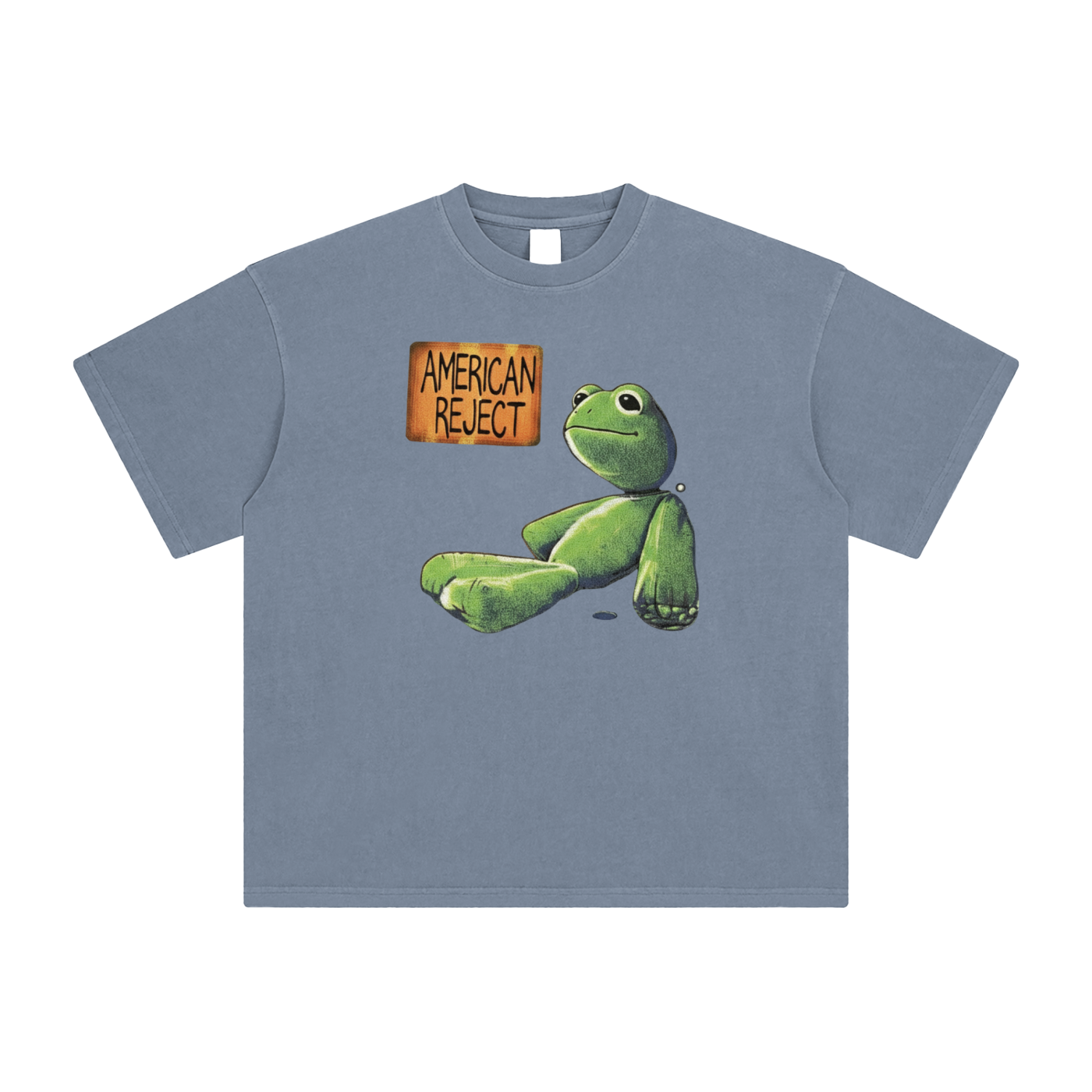 Unisex oversized cotton t-shirt featuring American Reject plush frog graphic in grey blue - casual streetwear tee