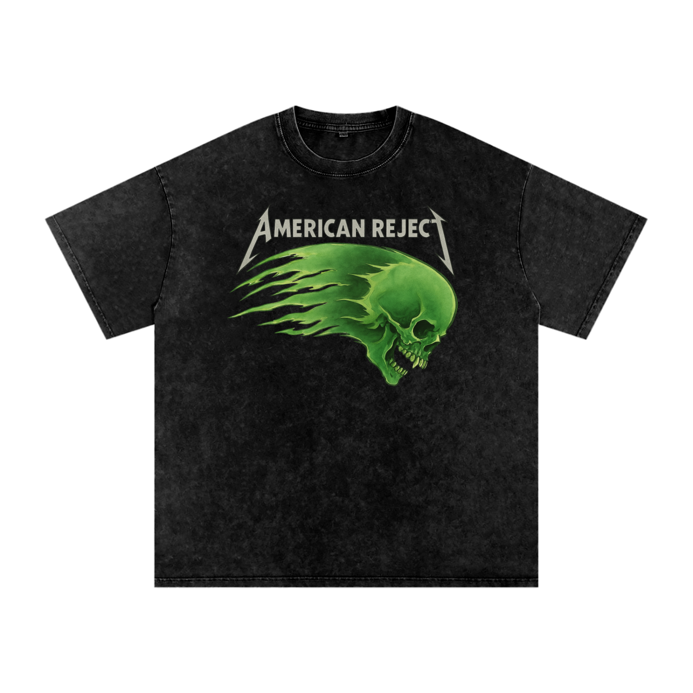 Black vintage t-shirt with green skull design and 'American Reject' text on a blank background