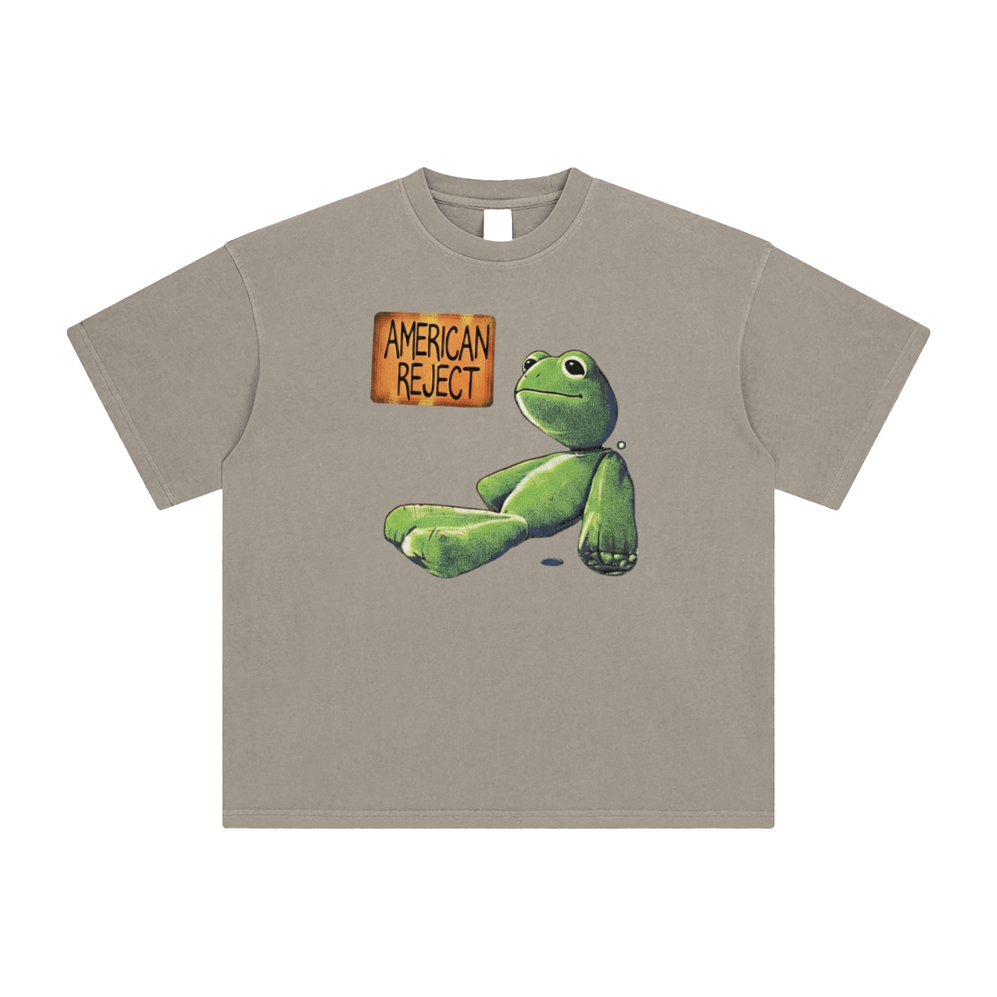 Khaki oversized graphic t-shirt with American Reject plush frog design - unisex cotton casual tee