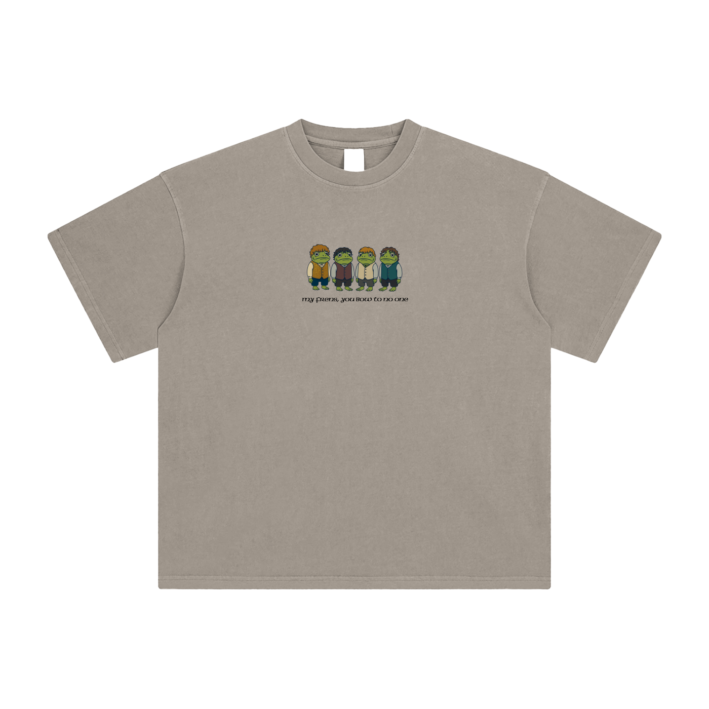 Kahki t-shirt with printed design of four characters and text on a blank background