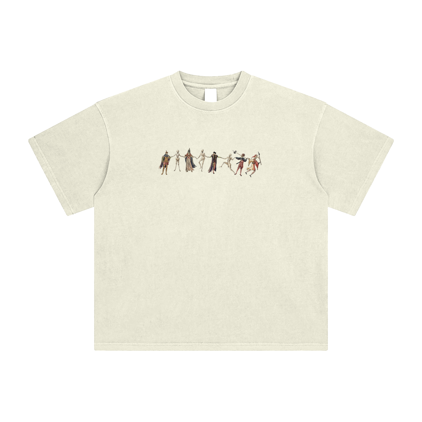 Apricot t-shirt with a graphic design of skeletons in various poses on a blank background