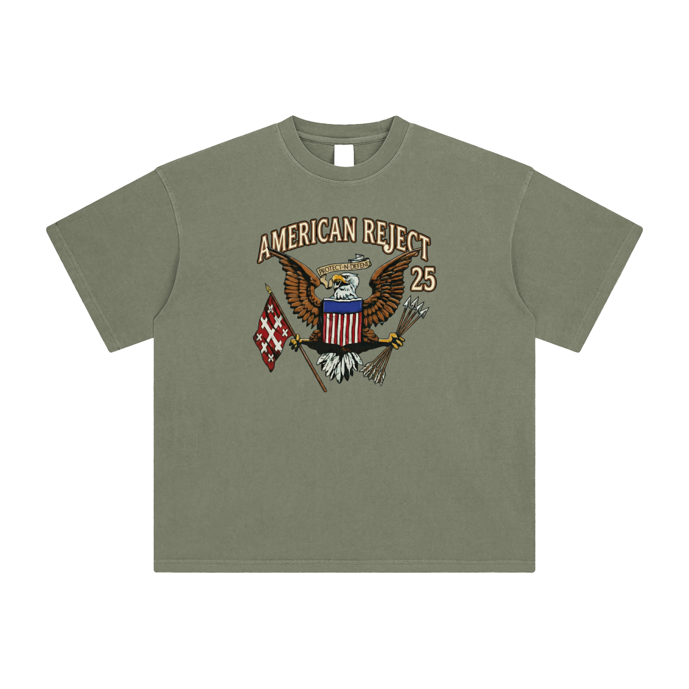 Grey green t-shirt with patriotic American eagle Jerusalem cross graphic - loose fit unisex cotton tee