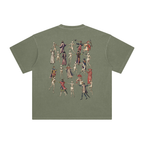 Grey Green t-shirt with a graphic design of skeletons in various poses on a blank background
