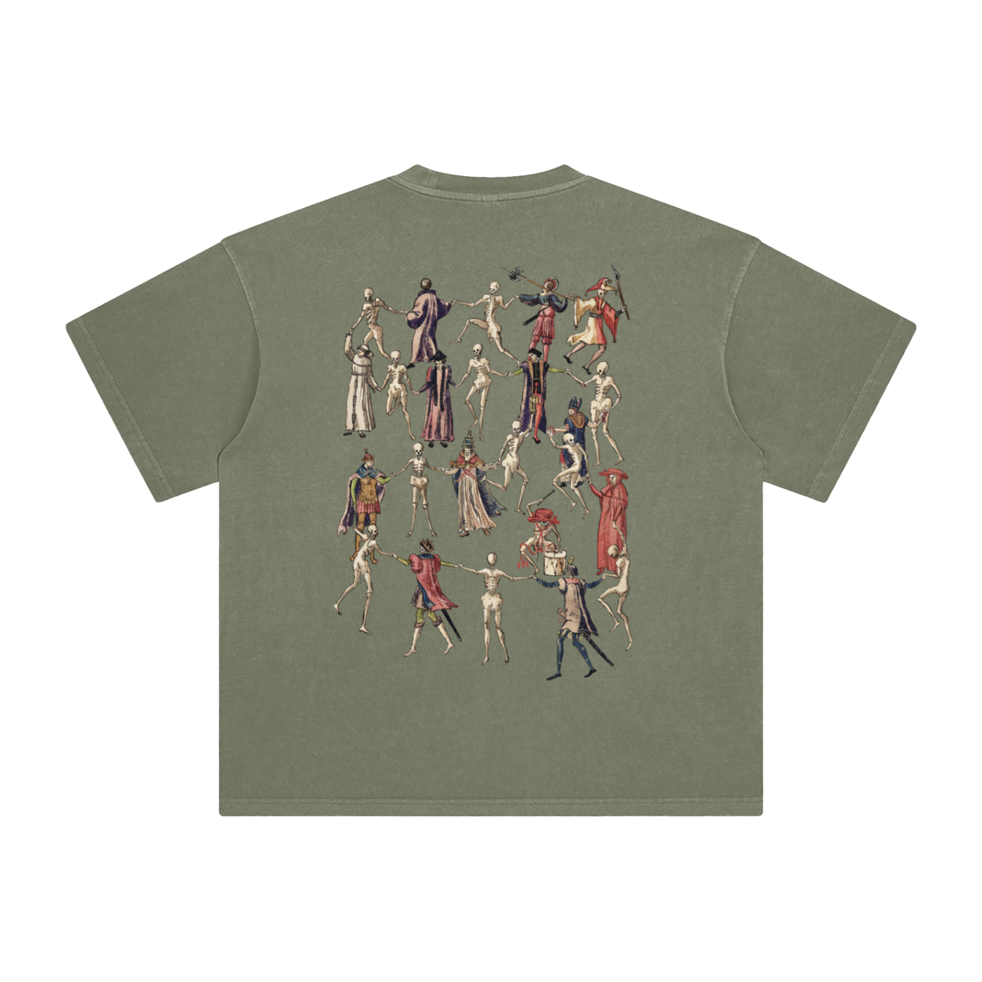 Grey Green t-shirt with a graphic design of skeletons in various poses on a blank background