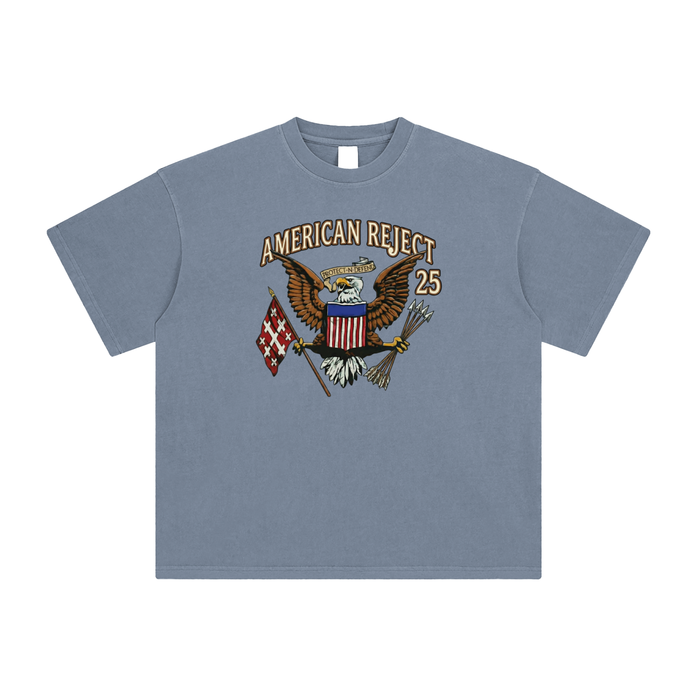 Grey blue graphic tee with American eagle holding Jerusalem cross and arrows - unisex oversized cotton shirt
