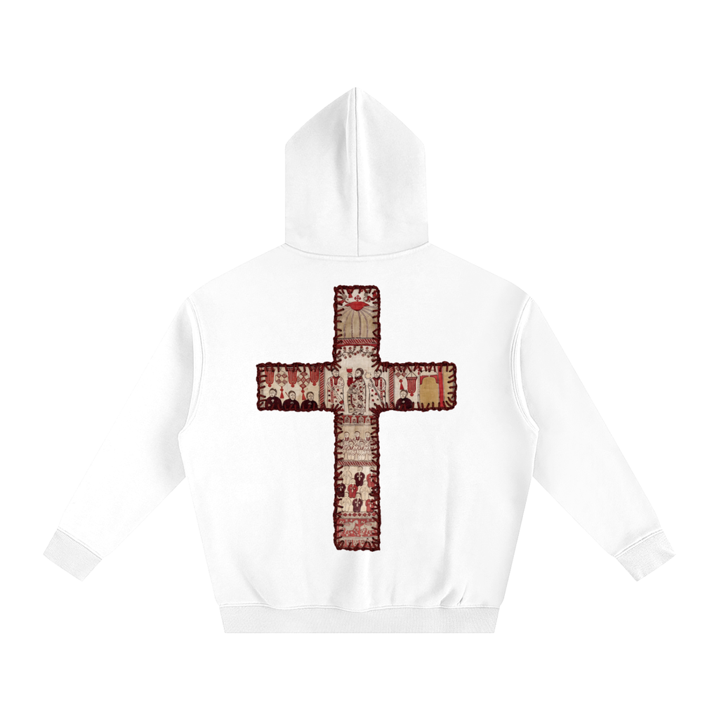 White hoodie with a decorative cross design on a white background