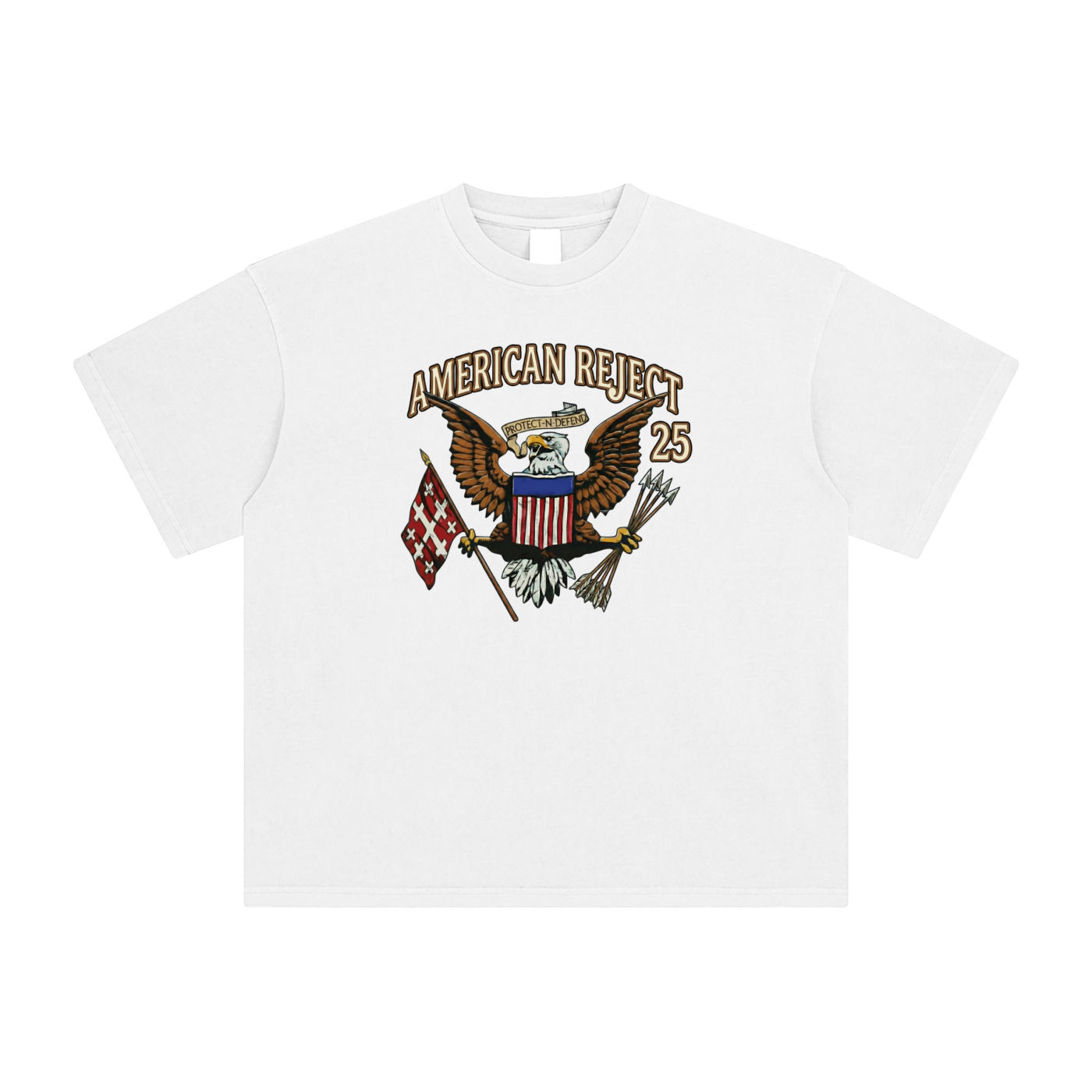 White t-shirt with an eagle and flag design on a white background