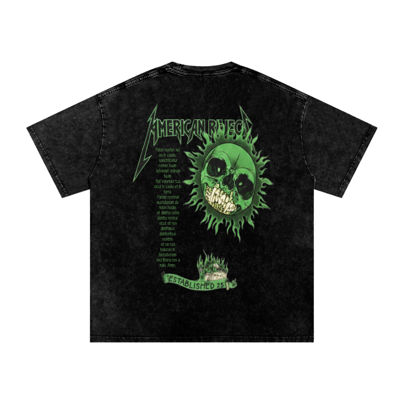 Black vintage t-shirt with green skull design and 'American Reject' text on a blank background