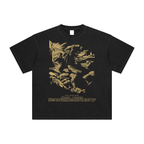 Retro black graphic t-shirt with old village angel helping men design - unisex oversized cotton tee