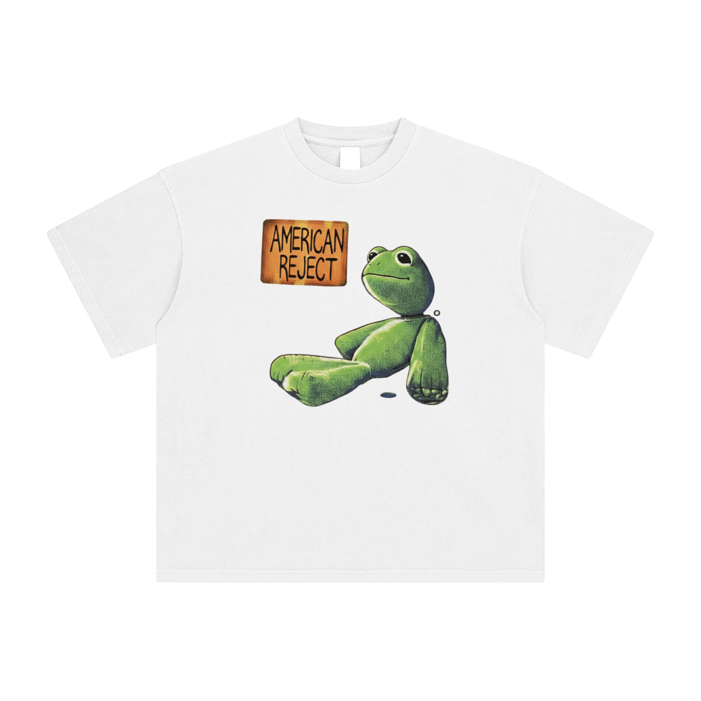 White unisex cotton t-shirt with American Reject plush frog metal plate graphic - oversized loose fit tee