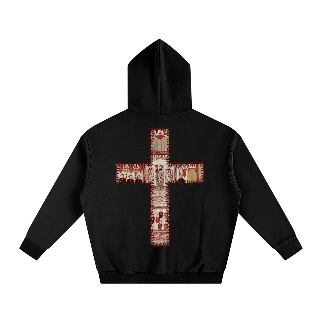 Black hoodie with a decorative cross on the back against a background
