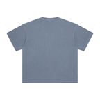 grey blue t-shirt with printed design of four characters and text on a blank background