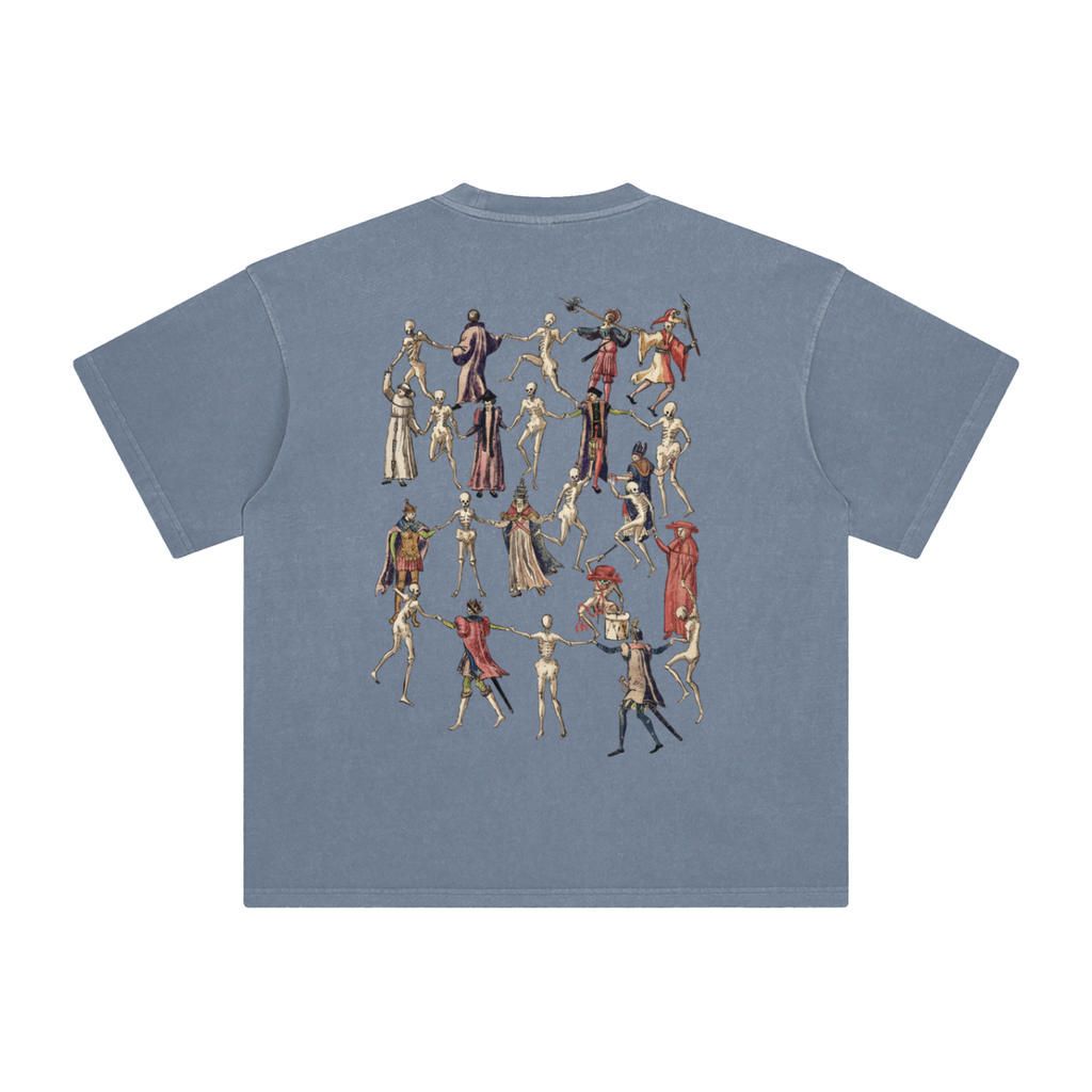 Grey Blue t-shirt with a graphic design of skeletons in various poses on a blank background