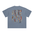 Grey Blue t-shirt with a graphic design of skeletons in various poses on a blank background