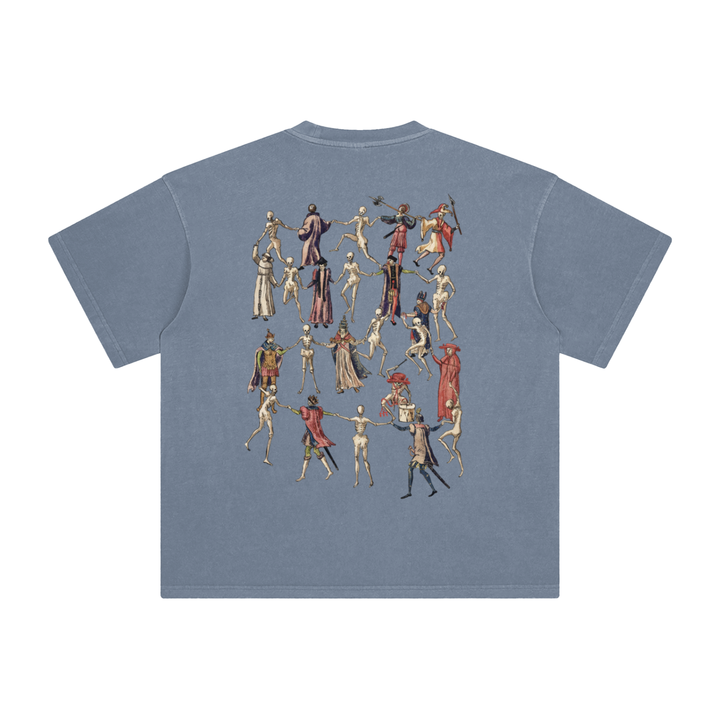 Grey Blue t-shirt with a graphic design of skeletons in various poses on a blank background