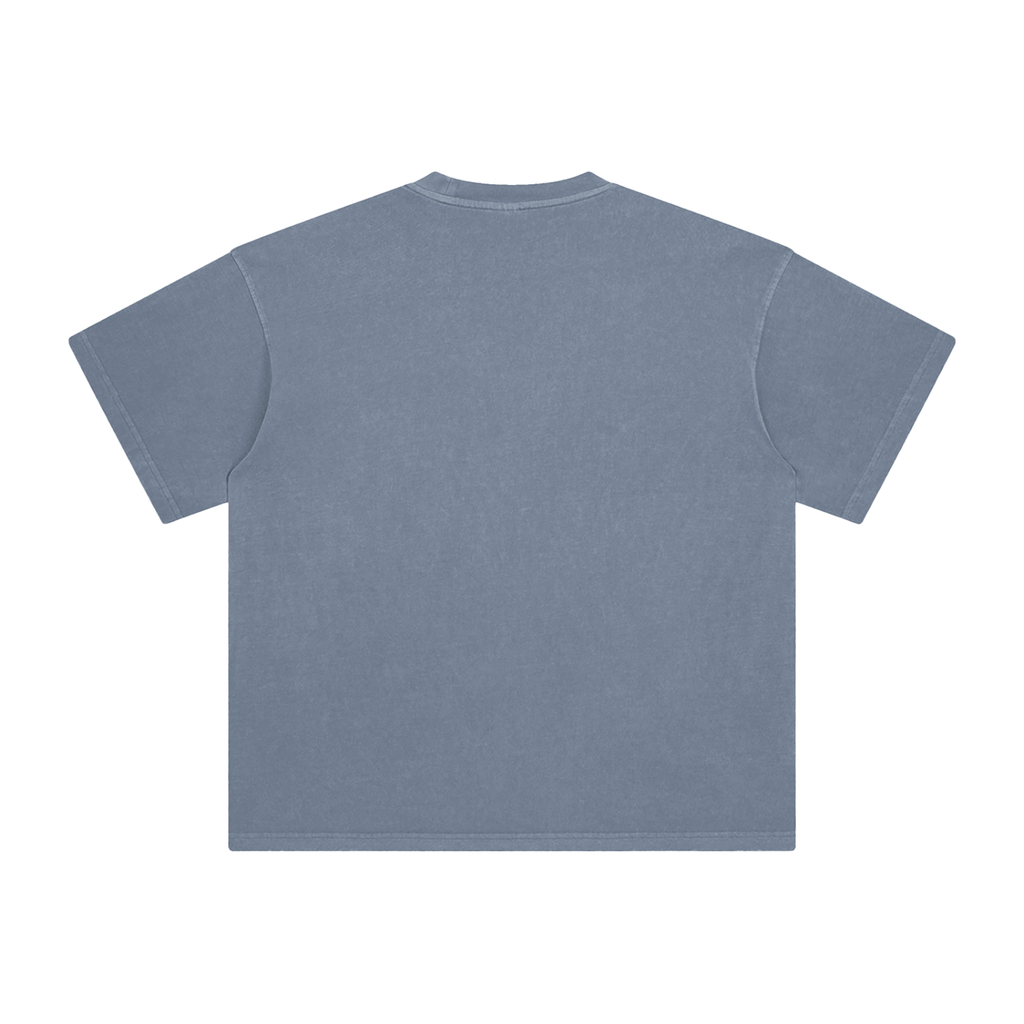 Grey blue graphic tee with old village angel scene design - unisex oversized cotton short sleeve shirt